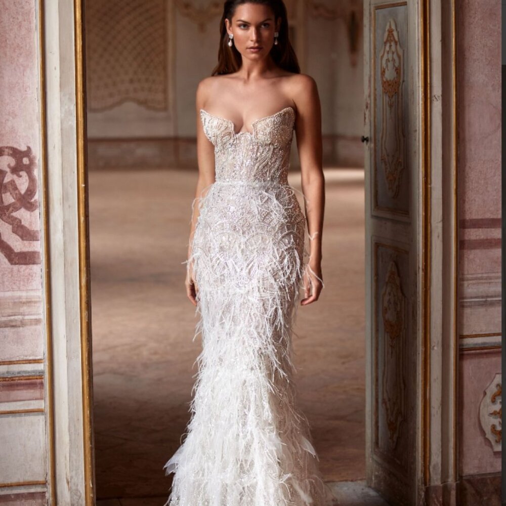 Beaded Feather Mermaid Wedding Gown, Millanova, Ernestine, Nude-Ivory, L
